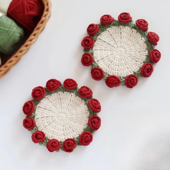 Crochet Flower Coasters Handmade Vintage Bouquet Knitted Rose Flower Decorative Coasters Anti-scald Table Mats Without Flower Pot