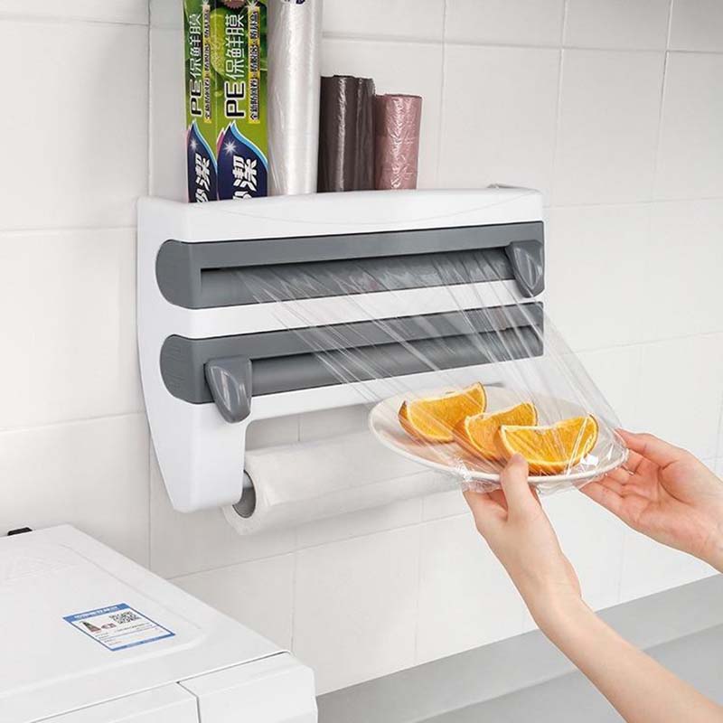 3 In 1 Kitchen Cling Film Storage Rack with Cutter Tin Foil Rack Wall-Mounted Paper Towel Rag Organizer