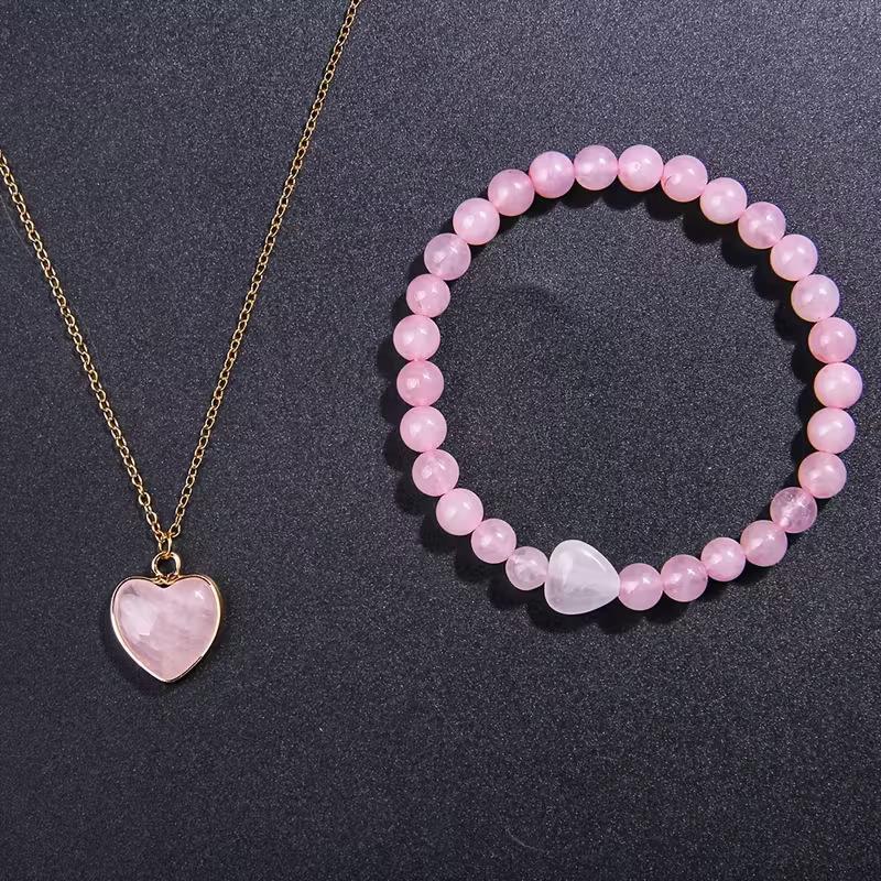 A set of bracelet necklace, natural pink crystal heart-shaped necklace, 6MM bead, natural stone bracelet, Valentine's Day gift