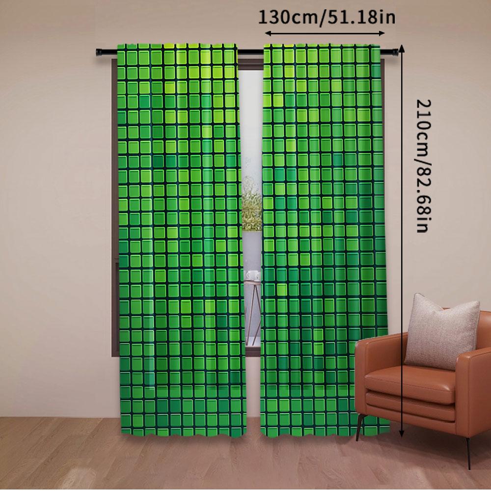 2 ks Zelený závěs Abstraktní Živý Čtvercový Pixel Mozaikový Design Geometrický Technologický Mřížkový Vhodný Pro Ložnici Koupelnu Obývací Pokoj