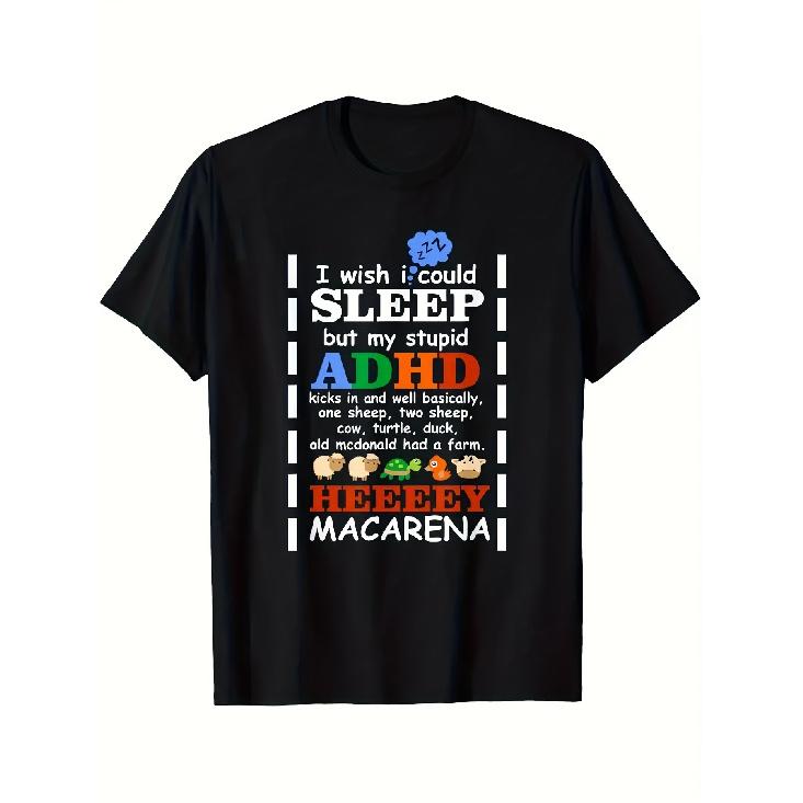Men S Funny ADHD Humor T-Shirt -  I Wish I Could Sleep But My Stupid ADHD Kicks In  Slogan with ADHD Awareness Ribbon & Sheep Design - 220gsm S чёрный