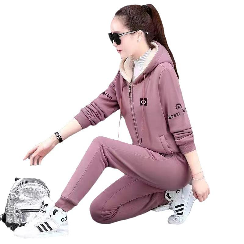 Women's Plush & Thick Fashion Suit: Loose Hooded Sweater Casual Wear Two-Piece Set for Autumn/Winter 2024