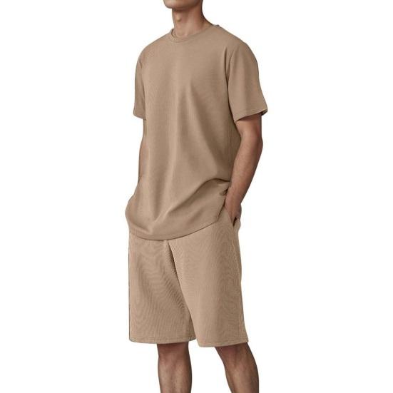 2Pcs/Set Men Sports Suit O-Neck Short Sleeve T-shirt Elastic Waist Wide Leg Shorts Set Solid Color Waffle Fabric Sportswear