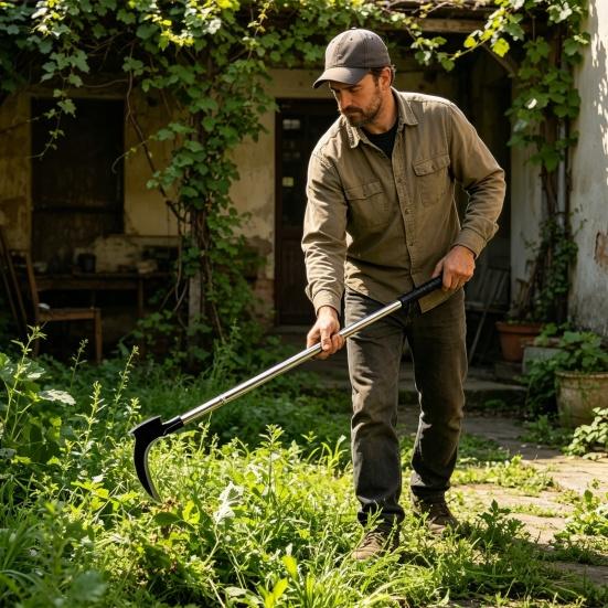 Sichel-Unkrautstecher Langstiel Manuelles Unkrautvernichtungswerkzeug mit Doppelklingenkopf Gartenhandwerkzeug zum Jäten Ernte auf dem Bauernhof Entfernen von Ranken