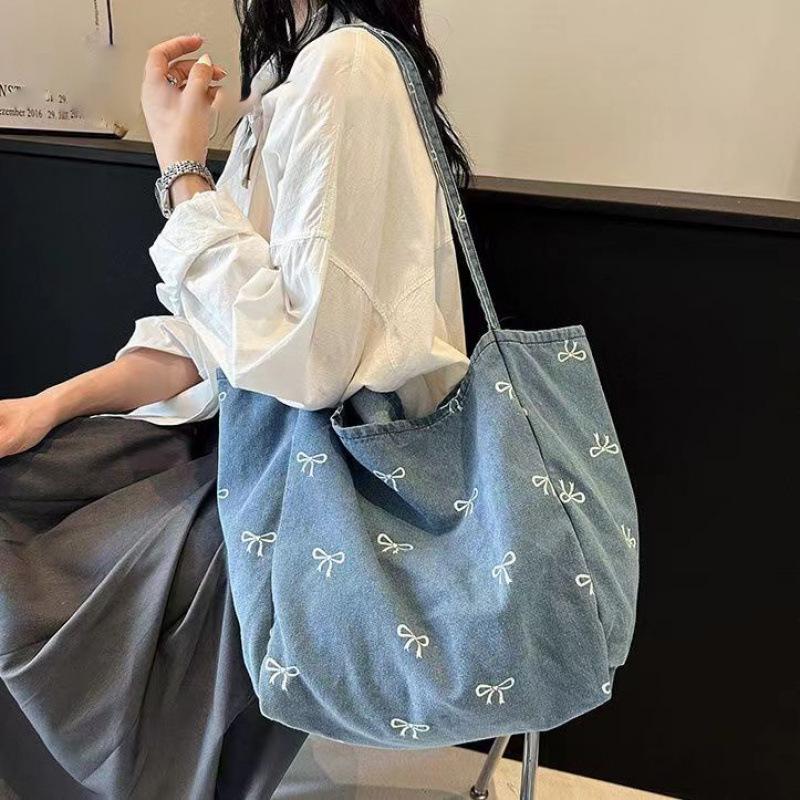 Bolso de Hombro de Lona de Mezclilla Versátil Dulce con Lazo para Mujer - Gran Capacidad