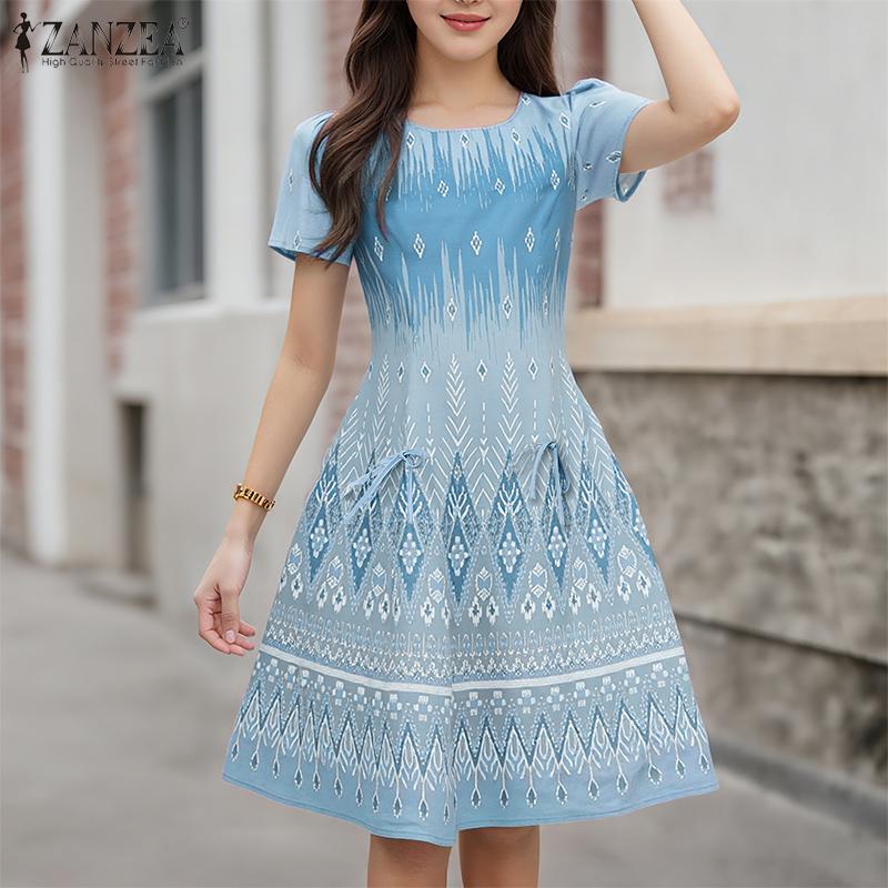 ZANZEA Women Summer Round Neck Short Sleeve Casual Print Elegant Dress