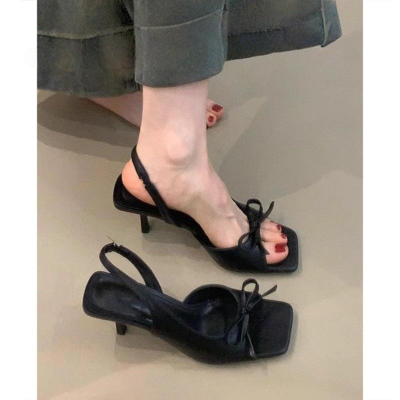 Square head bow open-toed sandals women's new rear strap stiletto high heels