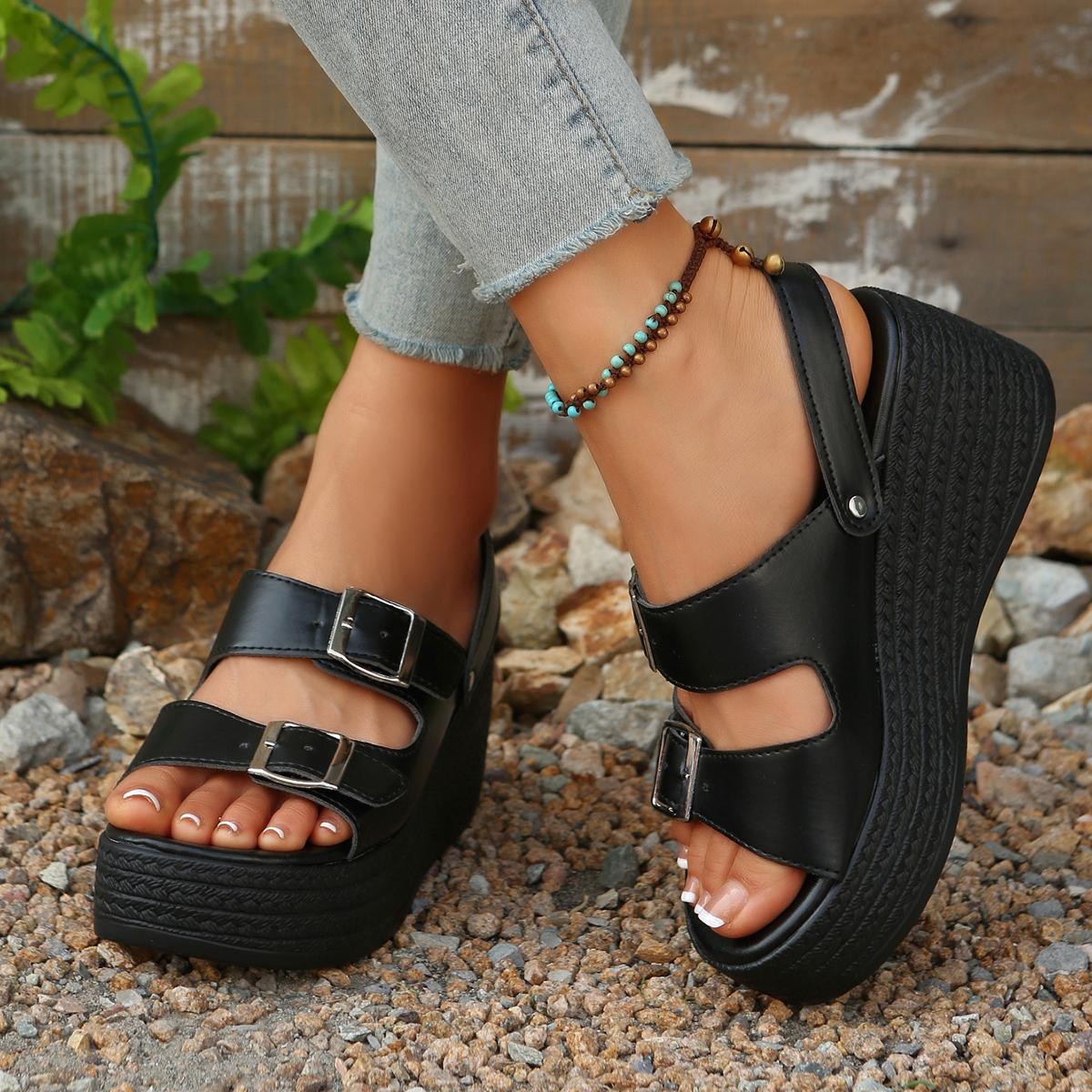 Summer Elegant Round Toe Sexy Buckle Wedge Heel Thick Soled Sandals able Best Selling  Comfortable  Sandals 42
