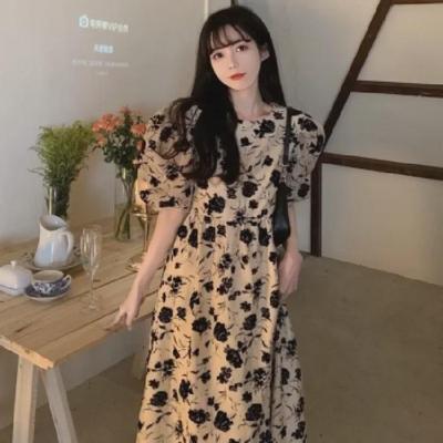 Kleid im koreanischen Stil mit Puffärmeln und floralem Midirock für Damen