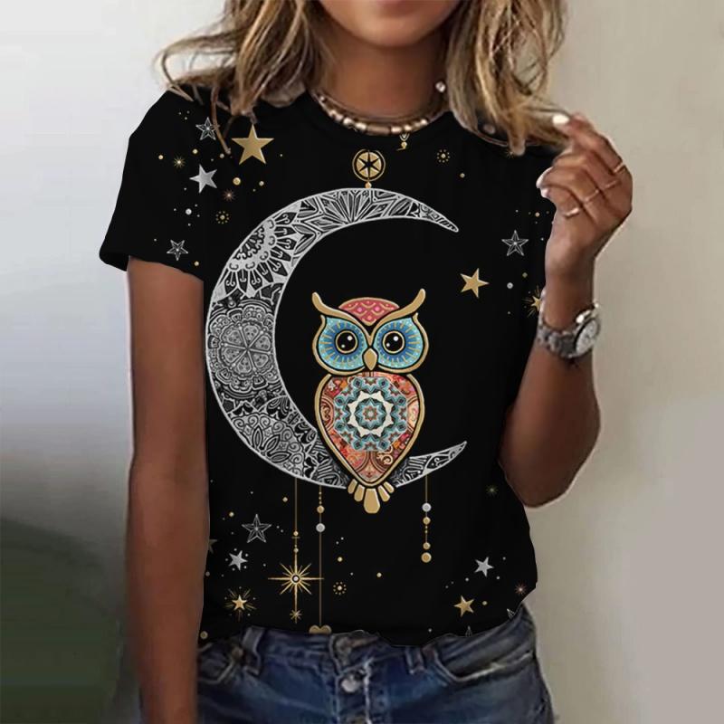Colorful owl pattern women's T-shirt fun animal 3D printing short sleeved summer loose T-shirt round neck top T-shirt street wear