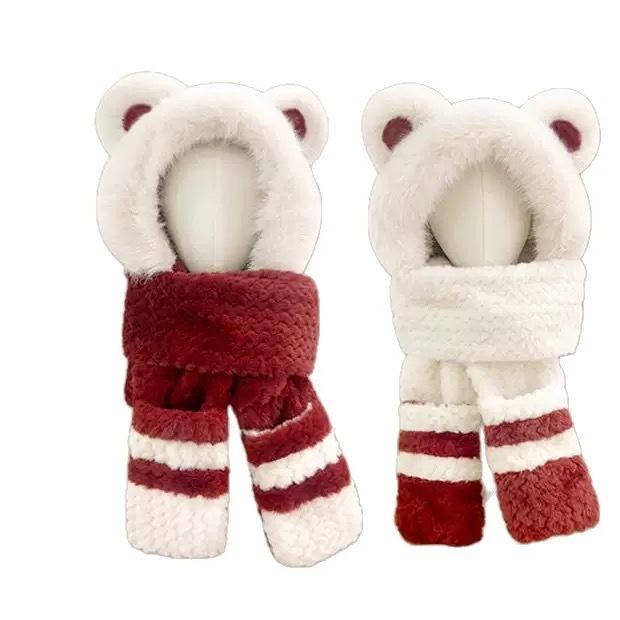 Cute bear ear hat, scarf, and gloves all-in-one, warm and cold-proof, thick plush ear protection cycling hat for women in autumn and winter