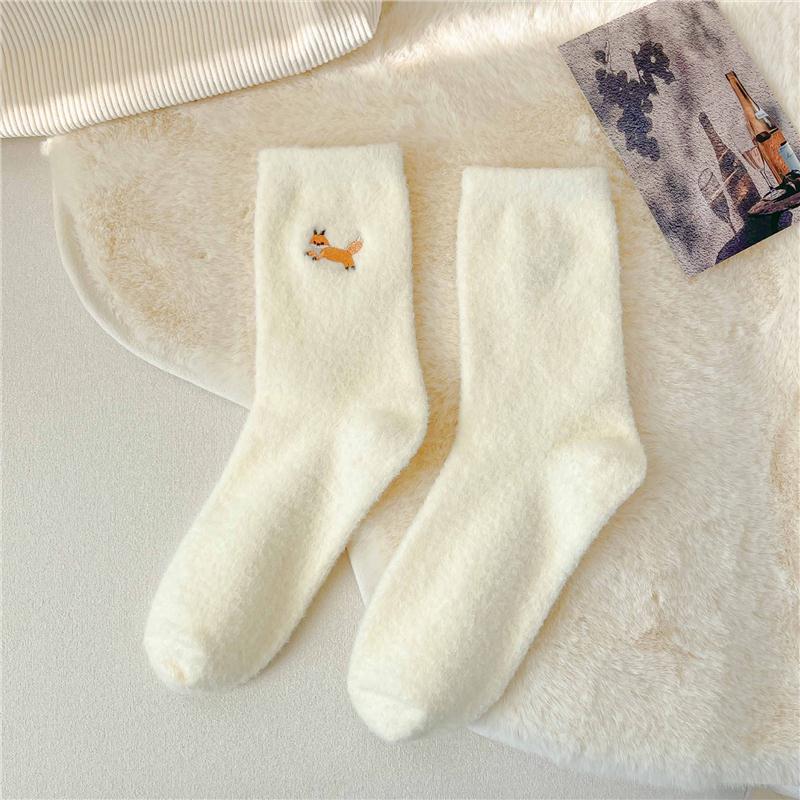 Women's Fluffy Fleece-Lined Mid-Calf Socks - Japanese-Style Cartoon Embroidery