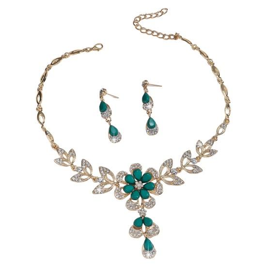 

1 комплект жіночих ювелірних виробів зі стразами, видовбані квіти, квіти, відповідні за кольором, крапля води, випускна вечірка, весілля, сережки для нареченої, намисто з ключиці зелений