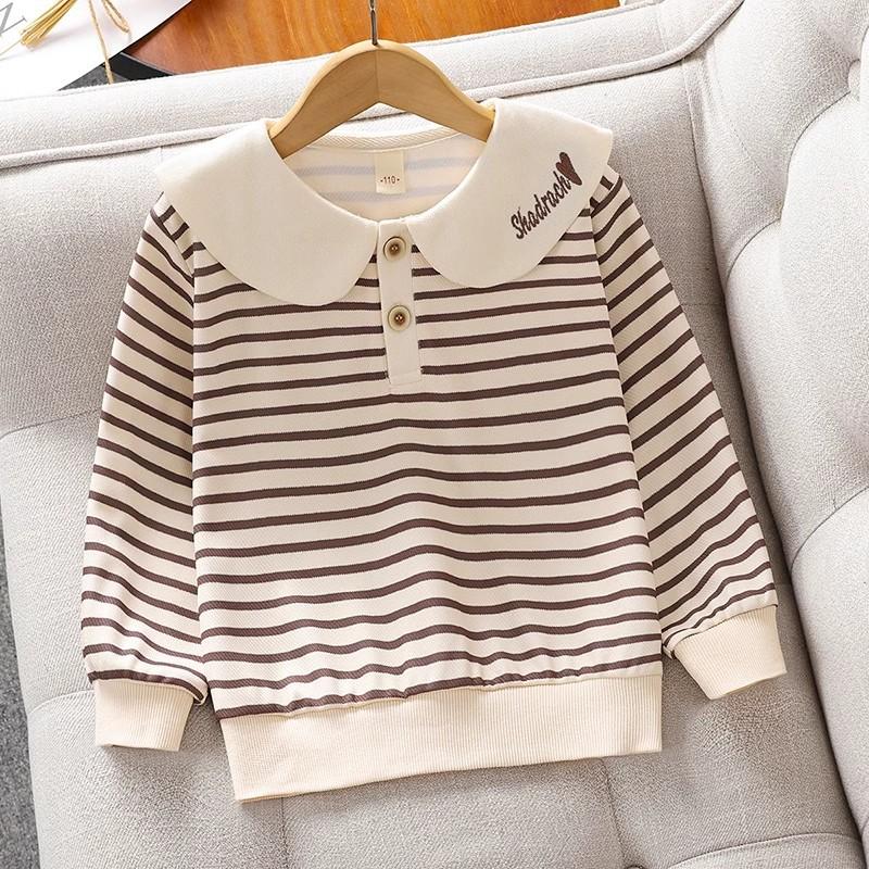 Girls Autumn Striped Navy Collar Long Sleeve T Shirt Fashion Casual Top For Big Kids