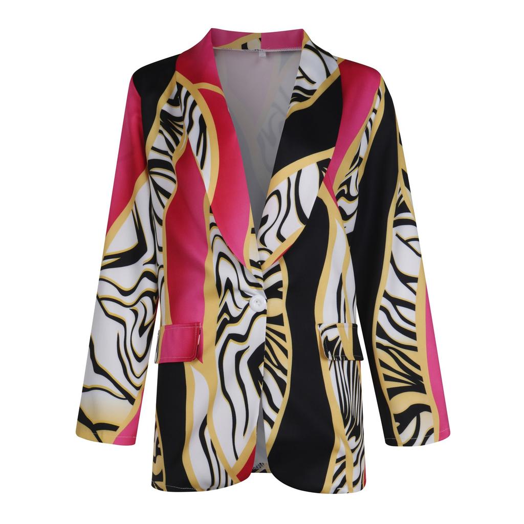 Women Fashion Long Sleeve Print Color Coat Open Front  Suit Jacket