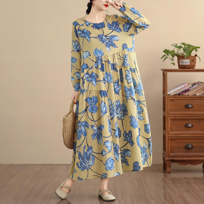 DIMANAF New 2026 Women Long Dress Plus Size Spring Summer Vintage Loose Oversize Long Sleeve Maxi Floral Print