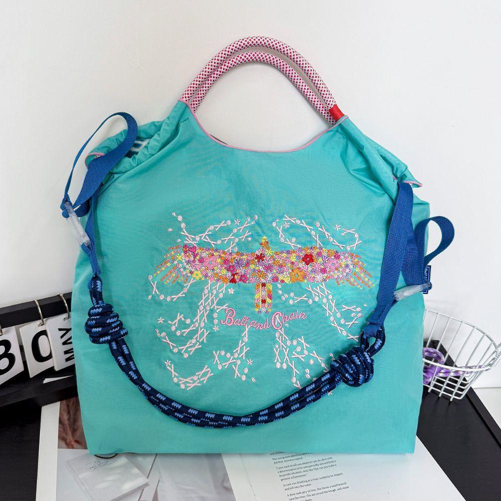 Large Capacity Embroidered Eco Nylon Shopping Tote - Versatile Shoulder/Handheld/Crossbody Bag