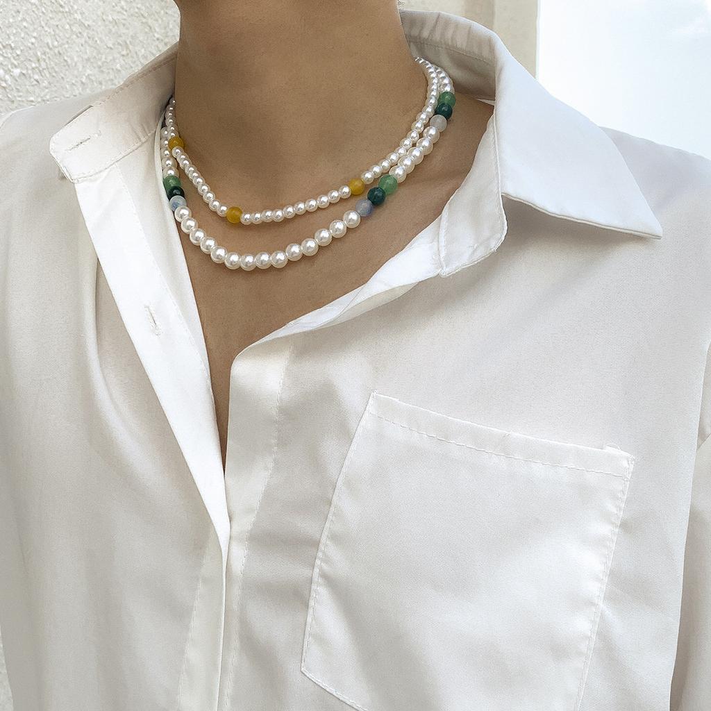 Versatile Autumn Winter New Double Layer Stacked Colorful Spliced Pearl Men's Necklace