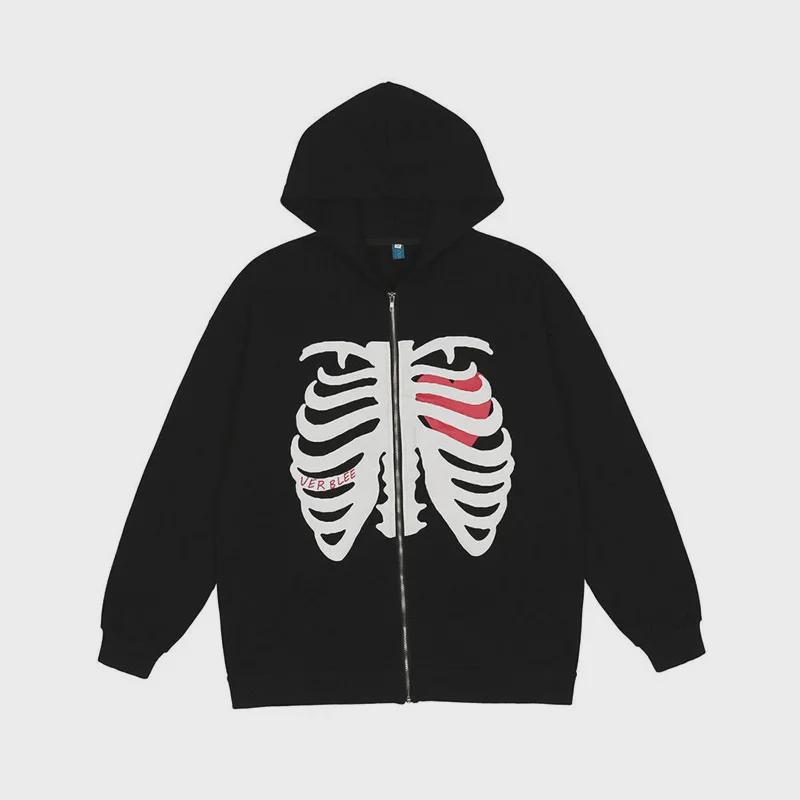 Women's Loose Skull Print Hooded Cardigan Sweatshirt with Zipper - Autumn/Winter Trendy Long-Sleeved Jacket
