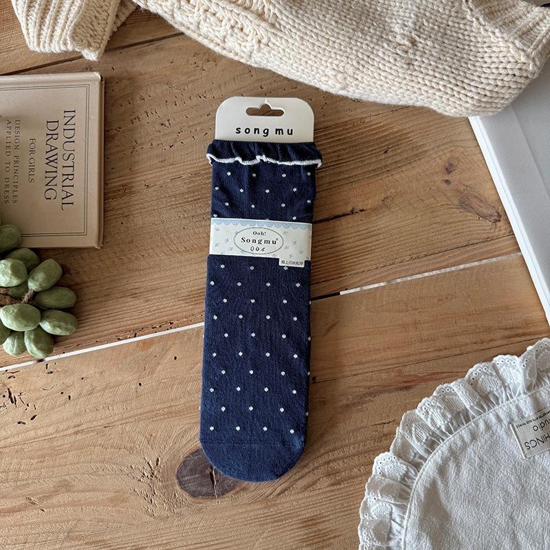 

Women s Fall New Flanging Wavelet Dot Lace Boneless Drum Pile Cotton Socks 1 pair бежевый/темно-синий
