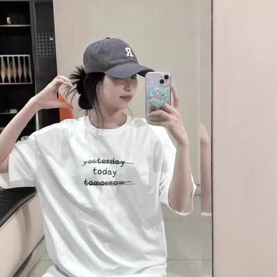 Heavy Cotton Letter Printing White Short-sleeved T-shirt Women's Summer Ins Design Sense Niche Simple American Top