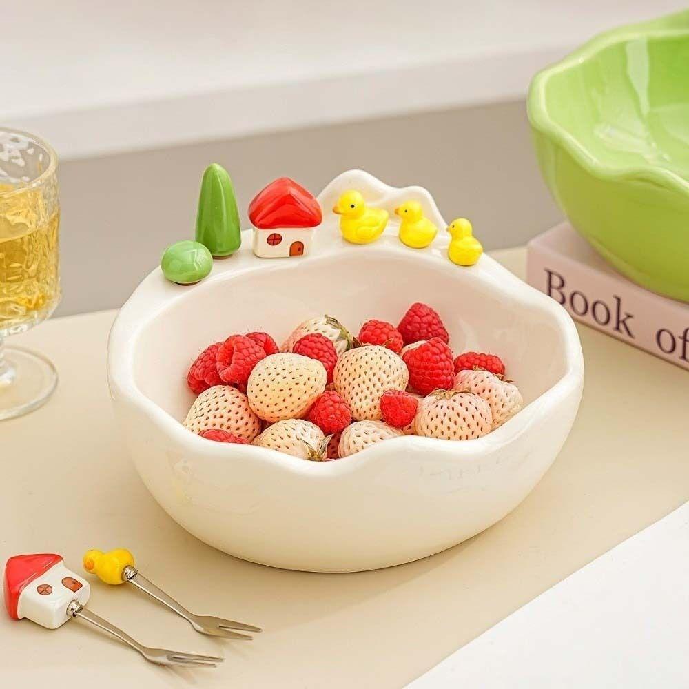 Cartoon Fruit Bowl with Fork Ceramic Decoration Fruit Serving Plate Large Capacity Stainless Steel Fork Fruit Storage Tray