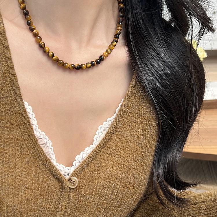 Maillard Tiger Eye Stone Beaded Coin Pendant Necklace, High-End Light Luxury Women's New Style