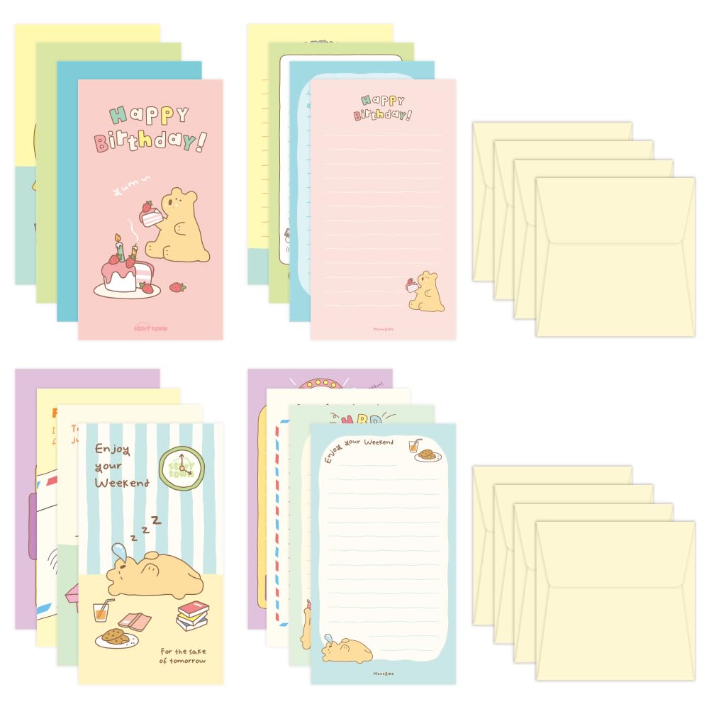 Monolike Story Town Momo Mini Letter Paper Envelope Set Set 32 sheets of letter paper 16 envelopes + (8 types, A) - +