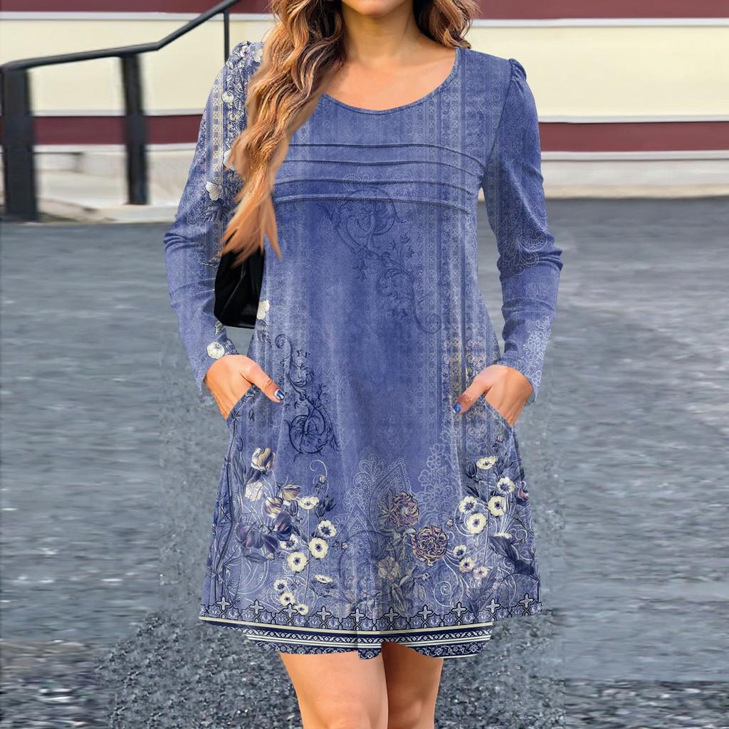 Women's Long Sleeve Dress Fall Casual T Shirt Loose Fit Pleated Front Dresses With Pockets