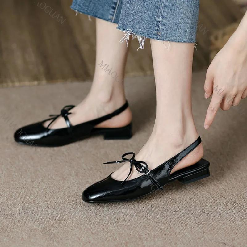 Fashion Bowknot Baotou Patent Leather Sandals Women New Summer French Retro Chunky Low Heel Sandales Femme Red Mary Jane Women's Shoes
