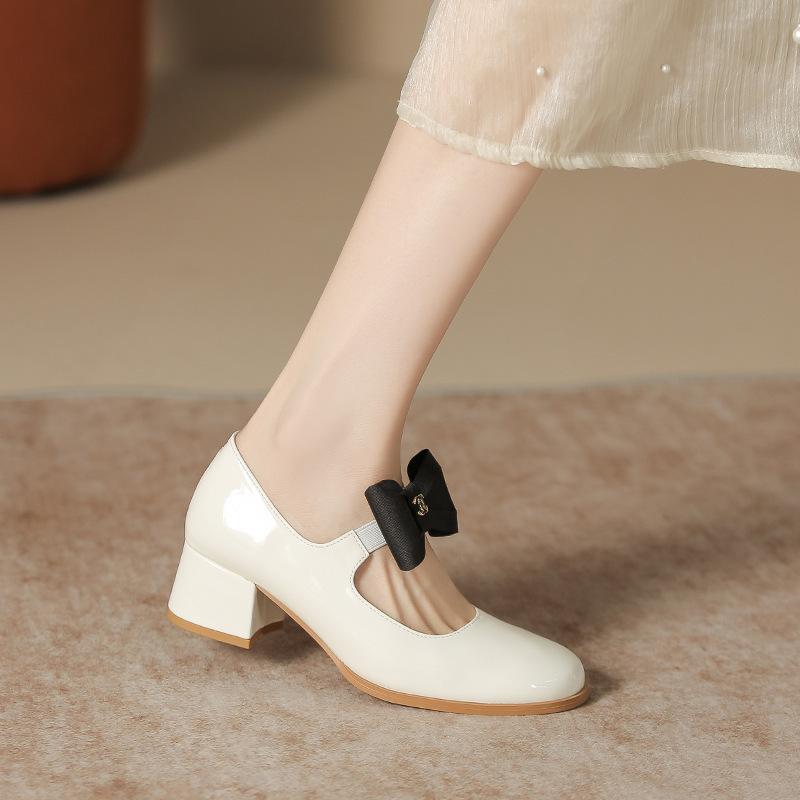 

Yuexinwang leather flat for Huizhou women s shoes grape mother same single shoes thick heel French new Mary Jane shoes high heel 40 абрикосовий