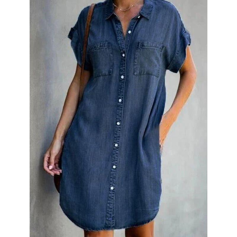 

Collar Short Sleeve Slim Fit Shirt Skirt Lapel Short Sleeve Silm Shirt Dress Dark Blue XL