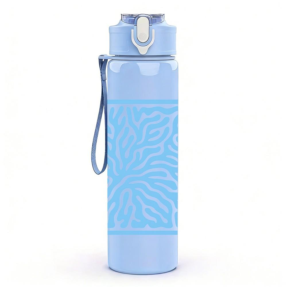 1PC Blue Fern Leaf Line Art Pattern 750ml Color Plastic Sports Water Bottle Leakproof Flip Straw Lid Suitable for Sports Office Home Use