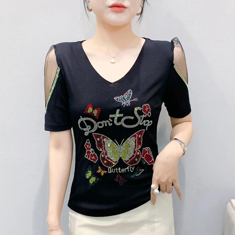 New European Women's Clothes Luxury Elegant T-Shirt Sexy Shiny Butterfly Hot Diamonds Mesh Top Tees Blouse