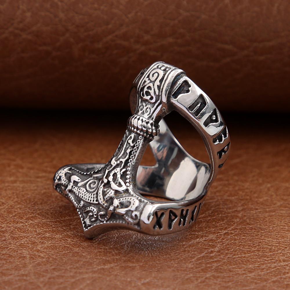 Classic Vintage Viking Thors Hammer Ring For Men Stainless Steel Nordic Odin Rune Rings Fashion Amulet Jewelry Gift