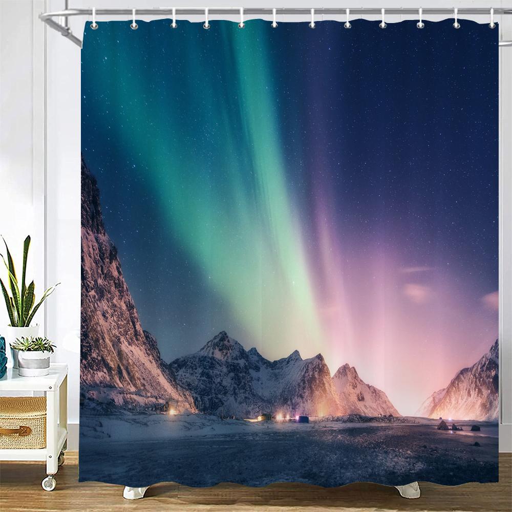 Night Starry Sky Aurora Landscape Fabric Shower Curtain Waterproof Polyester Bathroom Curtains Home Decorate Curtains with Hooks