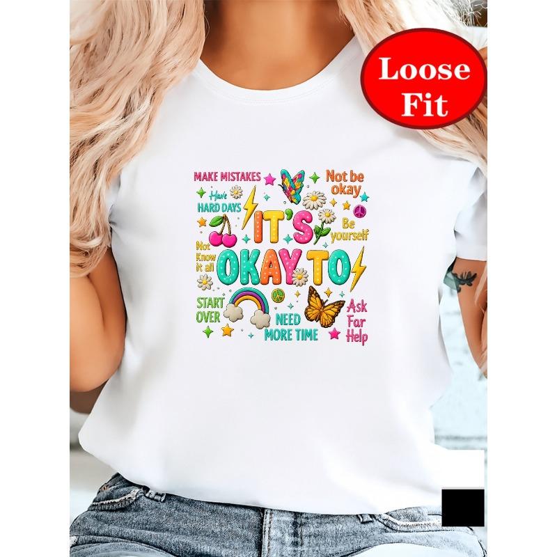 Europäische Größe Ermutige dich selbst, Akzeptiere Fehler, T-Shirt mit Rundhalsausschnitt und Kurzen Ärmeln, Lässiges Oberteil für Frühling und Sommer, Damenbekleidung in Übergrößen