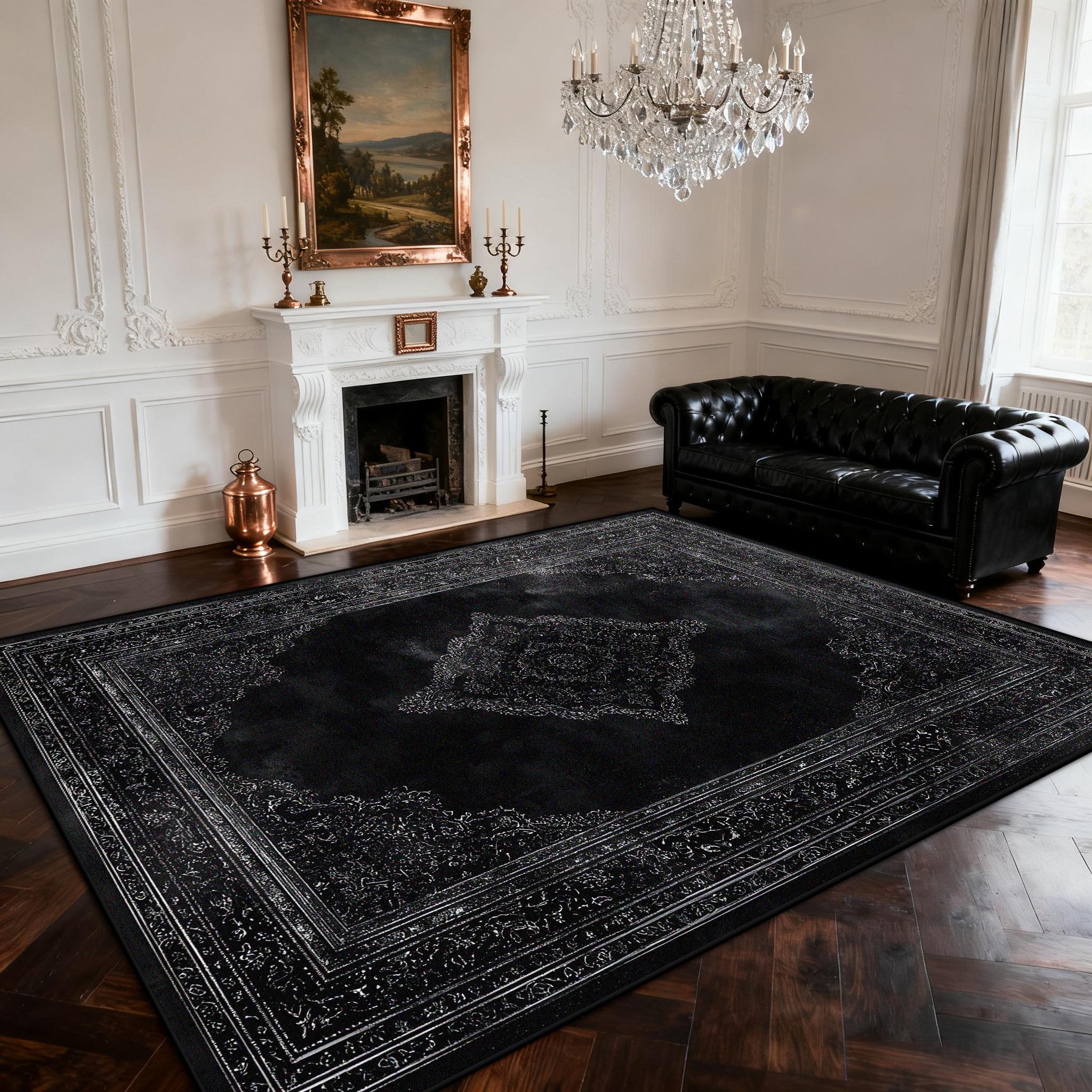 

Black Retro Living Room Rug Fireplace Side Large Area Washable Carpets Persian Decoration Bedroom Bedside Rug Cloakroom Soft Mat 60x90cm