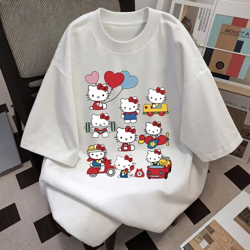 

Футболка Hello Kitty с коротким рукавом из мягкого хлопка, повседневная, с круглым вырезом, милый мультяшный принт, легкий летний топ для женщин, для повседневной носки S