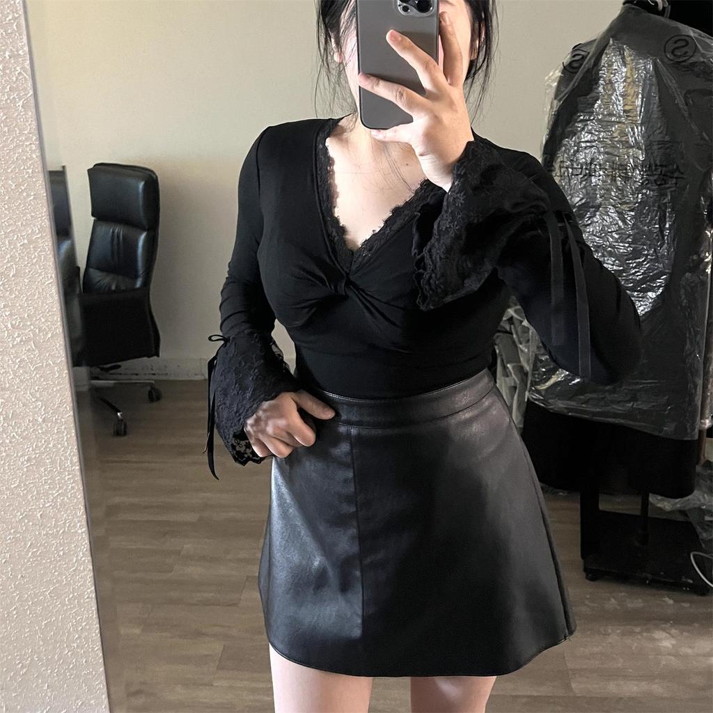Plus Size Women's High Waist Black PU Leather A-line Skirt – Slimming Petite Autumn Hip-Wrap Short Skirt