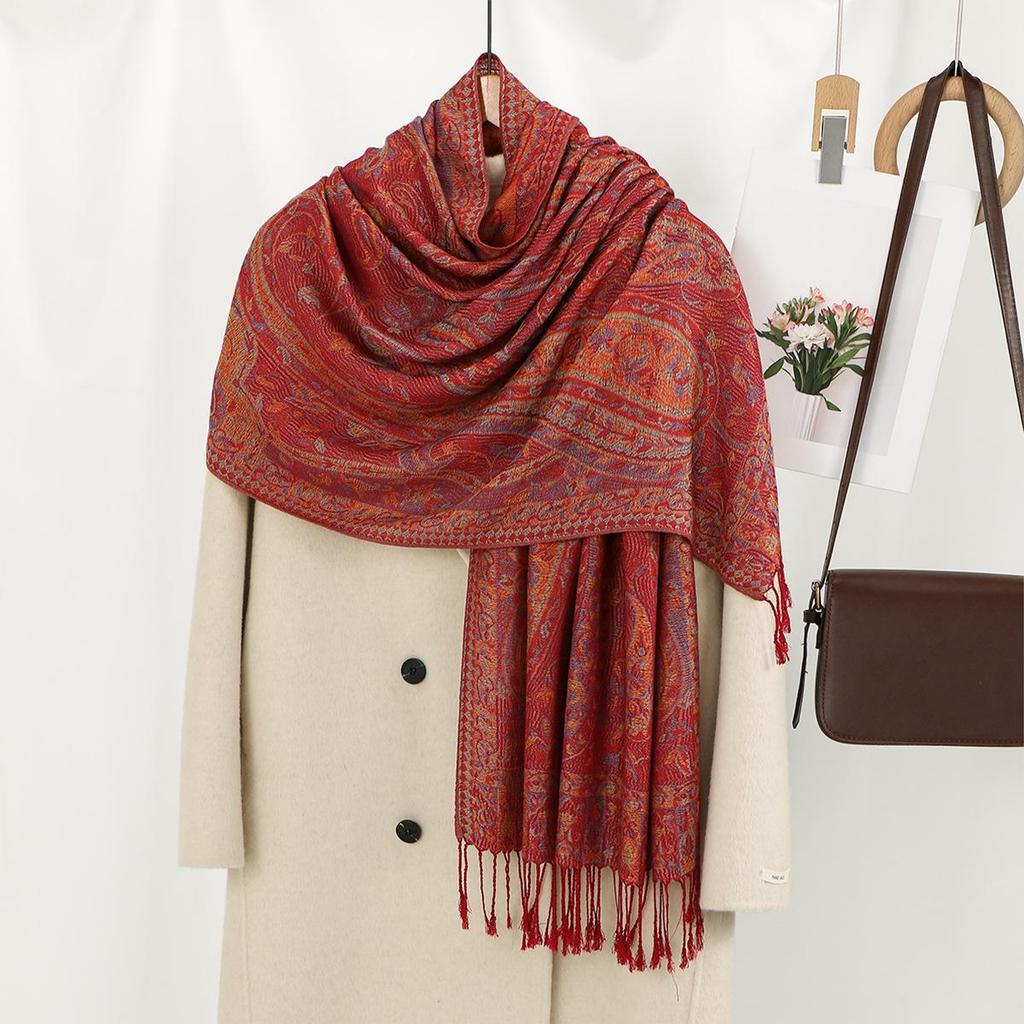 Eșarfă elegantă cu ciucuri și imprimeu caju pentru femei: Șal clasic în stil etnic brodat pentru ieșiri