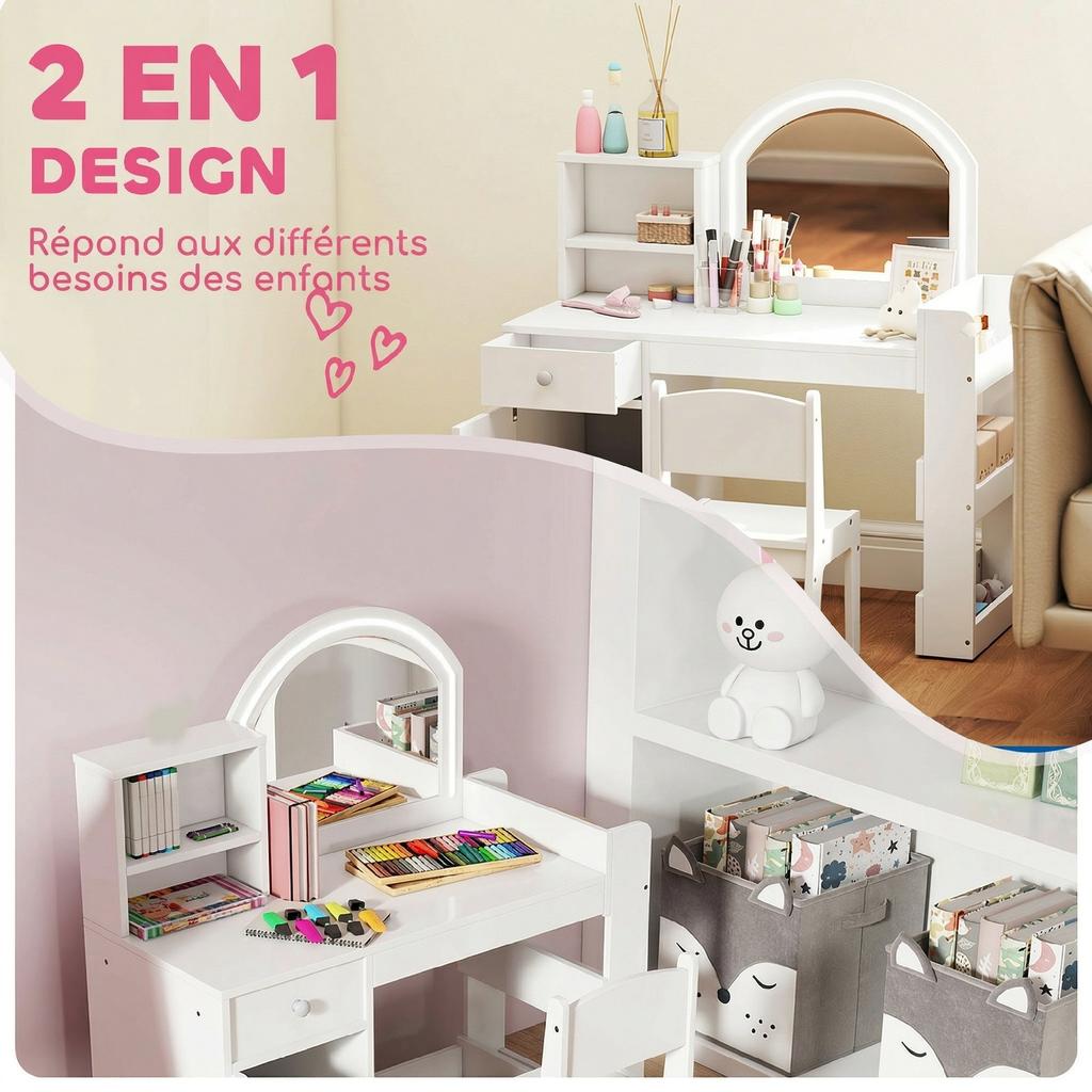 Children's Dressing Table with Stool and LED Mirror, for Ages 3-8, 88.6 x 38.8 x 96.9 cm, White