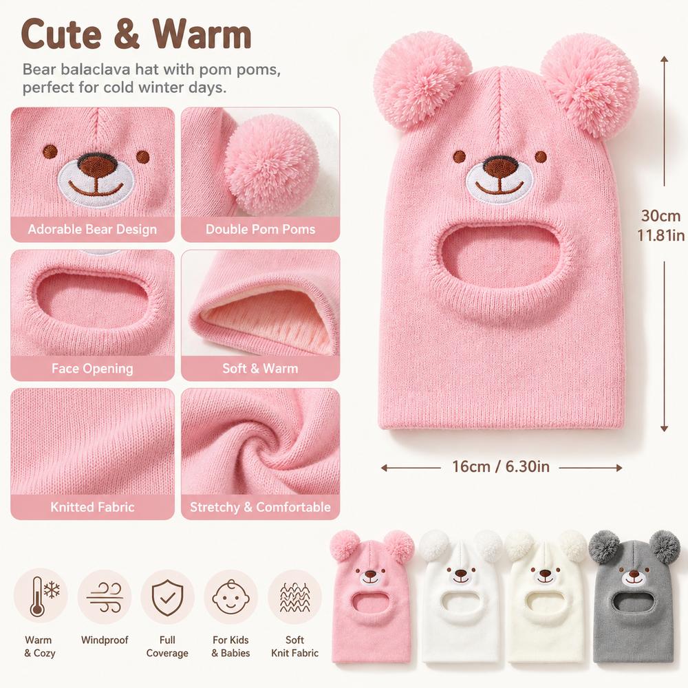 Cartoon Bear Kids Winter Hat Double Pom Poms Bear Headscarves  Winter Wear
