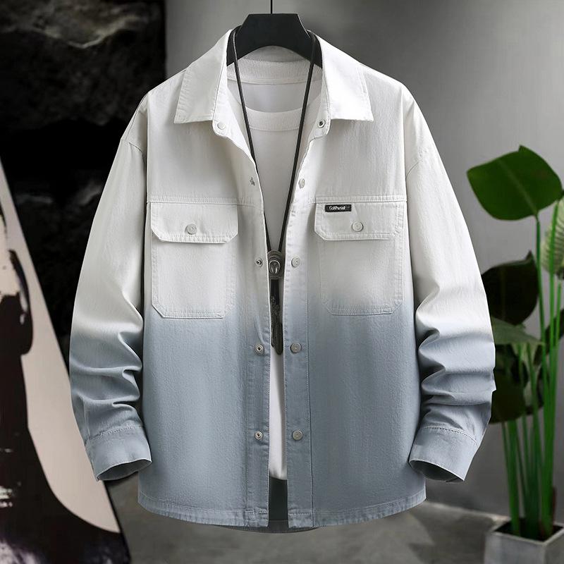 2026 Spring Men's White Denim Long-Sleeved Shirt Jacket with Pockets for Teens