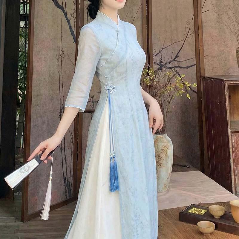 Women's Zen-Inspired Mid-Length Hanfu Qipao Dress for Spring/Summer