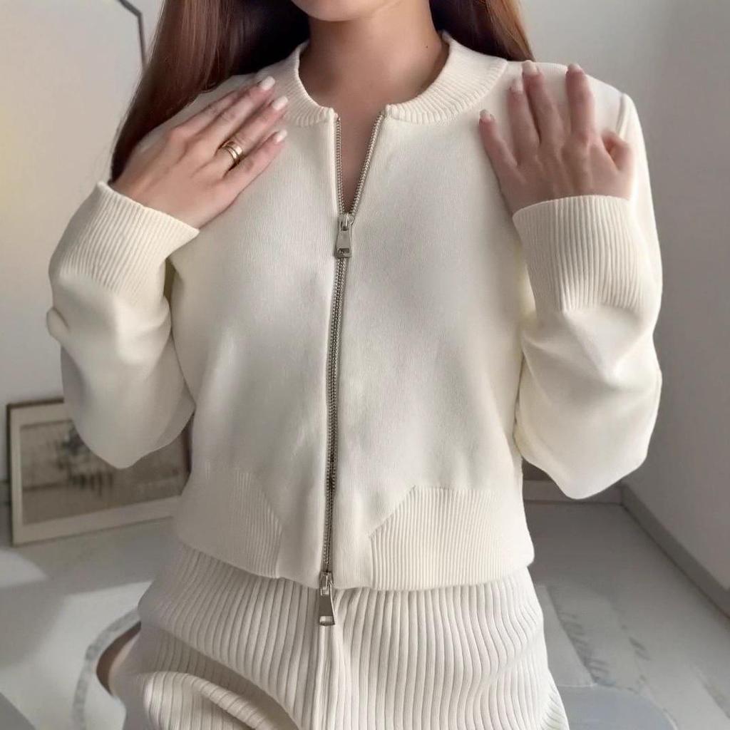 2025 Höst Dam Sportig Casual Långärmad Stickad Kofta och Byxset