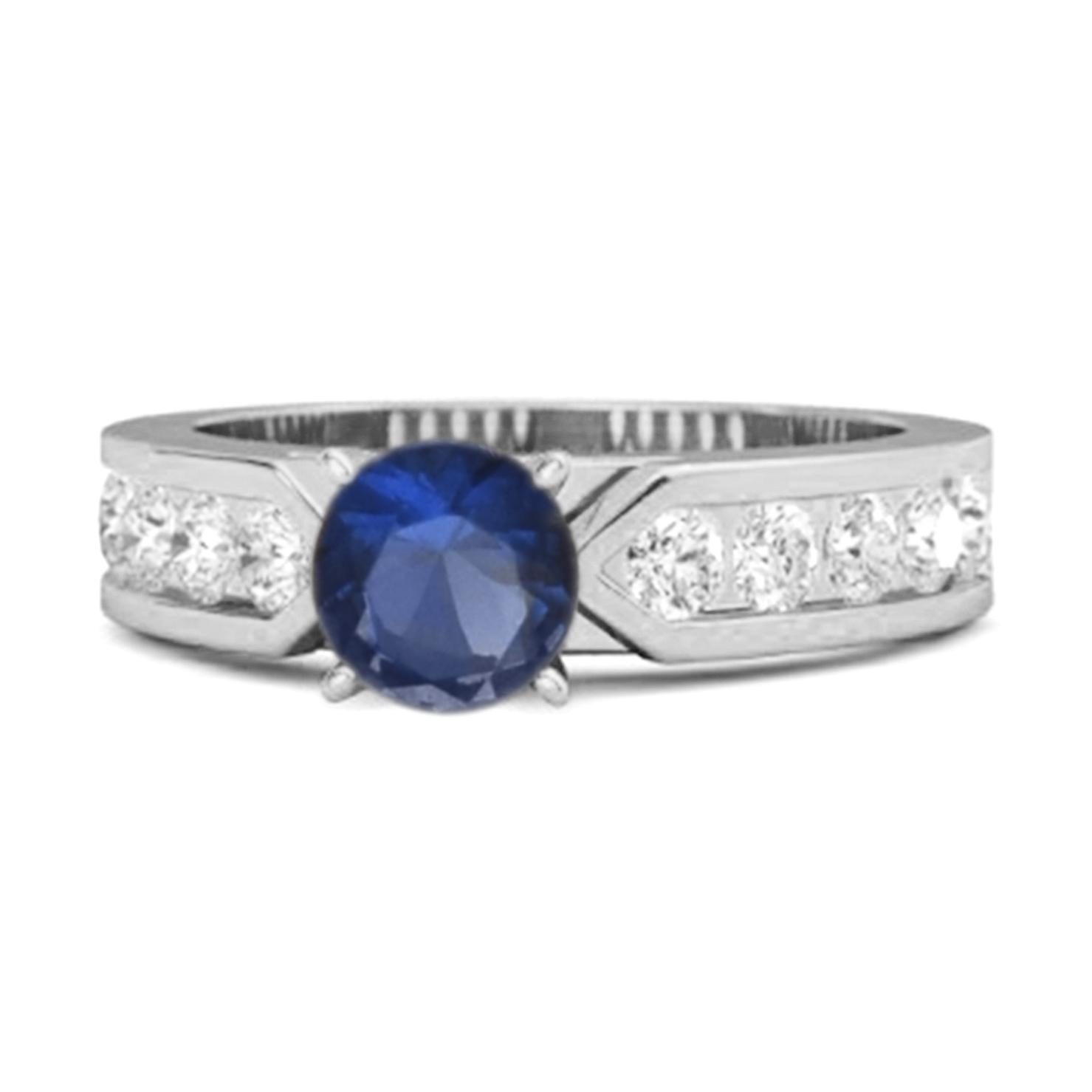 

Blue Sapphire Round Solitaire Statement Ring - 925 Sterling Silver 8.5 білий