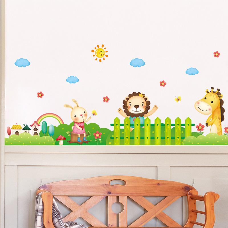Happy Animal Wall Stickers for Kids Room Waterproof PVC Removable Mural Nursery Living Room Home Decor Skirting Board Decals