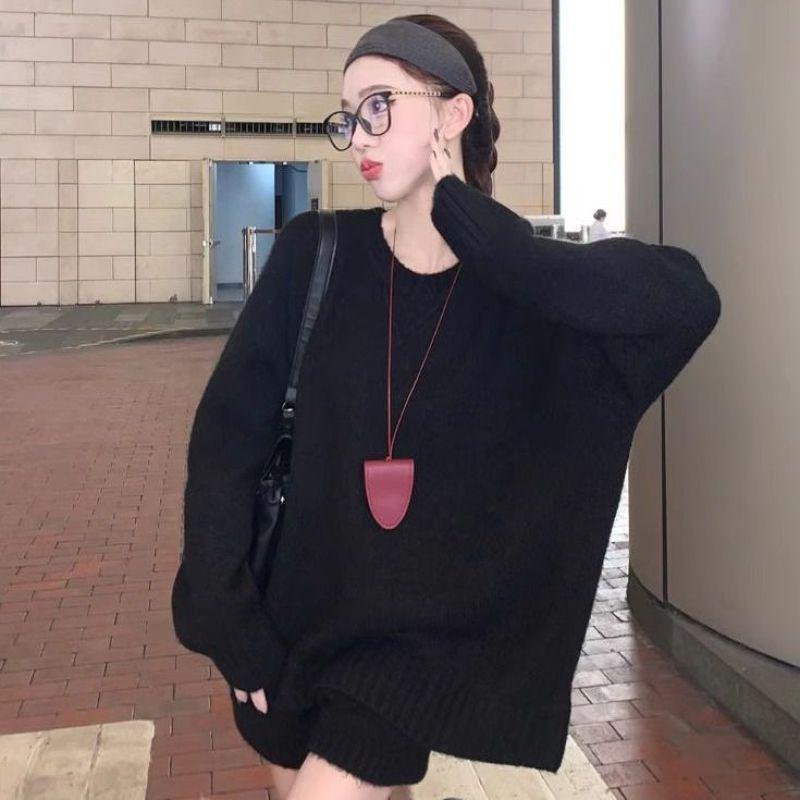 Chic Casual Two-Piece Set: Solid Color Sweater Knitwear & High Waist Wide Leg Shorts for Winter