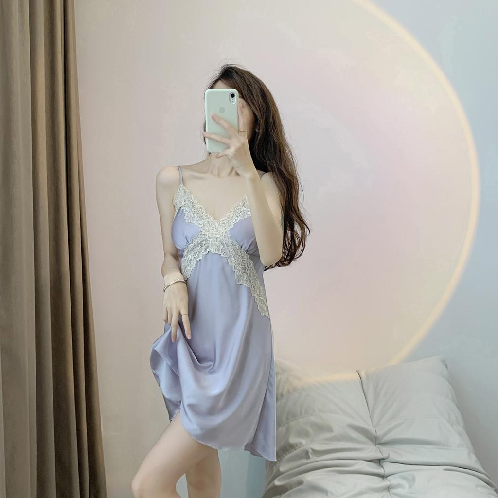 Women's Nightdress Summer V-neck Sexy Spaghetti Strap Women's Ice Silk Pajamas Lace Pure Desire Short Skirt French Silk Homewear